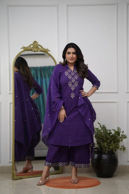 Aline Kurta Set With Cotton Plazzo & Malmal Dupatta With Embroidery Work