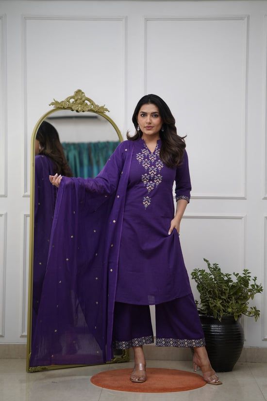 Aline Kurta Set With Cotton Plazzo & Malmal Dupatta With  Embroidery Work