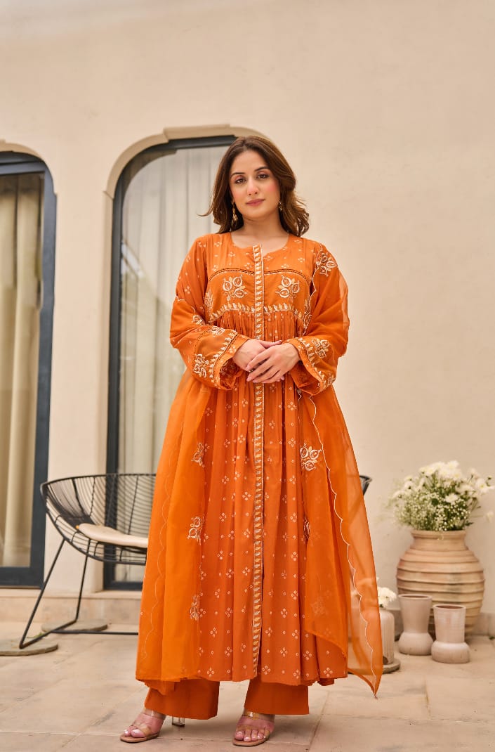 Rust Orange Bandhani Mul Cotton A Line Handwork Suit