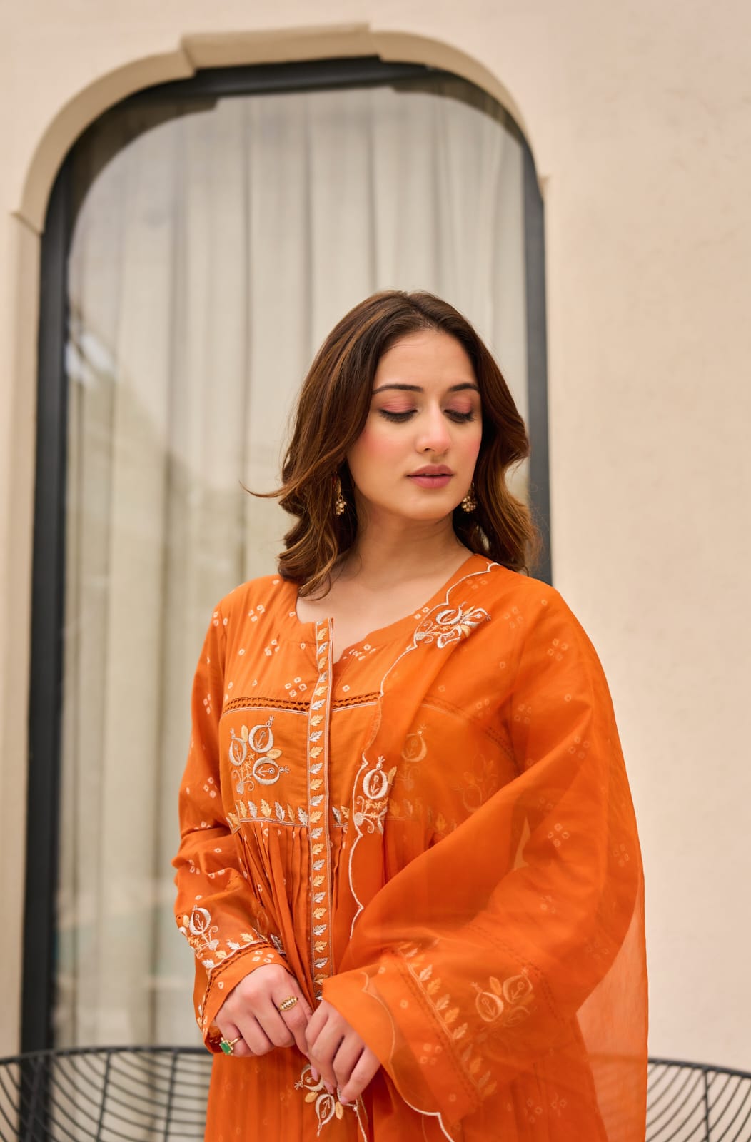 Rust Orange Bandhani Mul Cotton A Line Handwork Suit