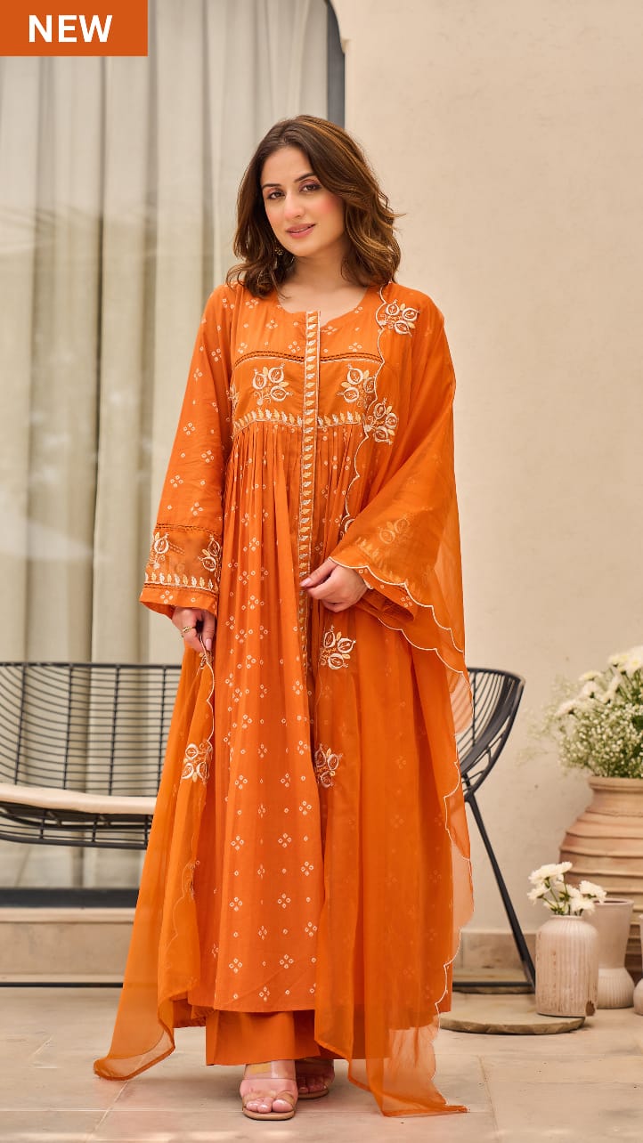 Rust Orange Bandhani Mul Cotton A Line Handwork Suit